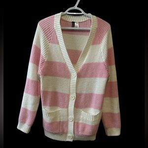 Pink and White Striped Knit Cardigan Sweater
